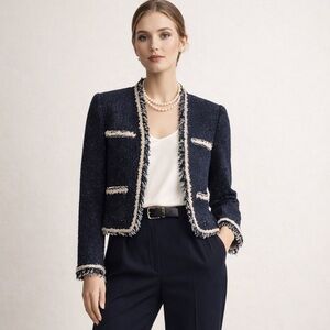 Rebecca Taylor Rio Fringe Trim Tweed Open Front Blazer, Size M